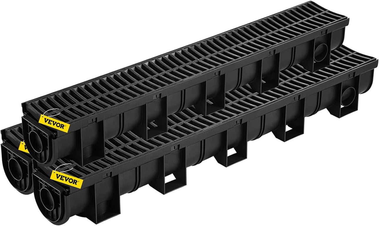 VEVOR Trench Drain System Channel Drain 5.9x5.1-Inch HDPE Drainage Trench | Black Plastic Garage Floor Drain with Plastic Grate, 6x39 Trench Drain Grate, with 6 End Caps, for Garden, Driveway-6 Pack