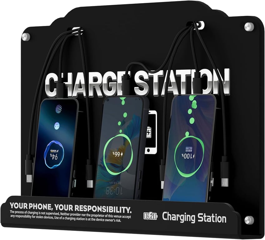 Wall Mounted 8 Port Charging Station with Fast Charigng Cables – Multi Device Charging Dock for Office, Hotel & Public Spaces | Compatible with iPhone ipad Smartphone Tablets Android Port (Black)