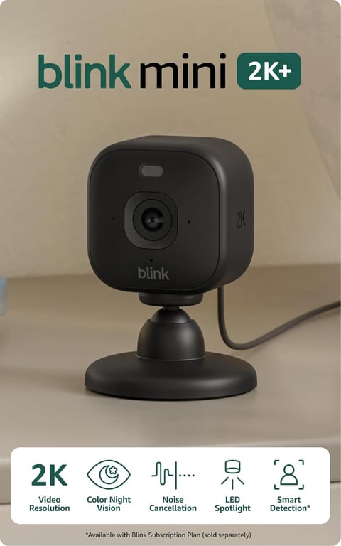 Blink Mini 2K+ (newest model) – Plug-in Home & Pet Indoor Security Camera with 2K video resolution, night vision, enhanced audio, motion detection – 2 cameras (Black)
