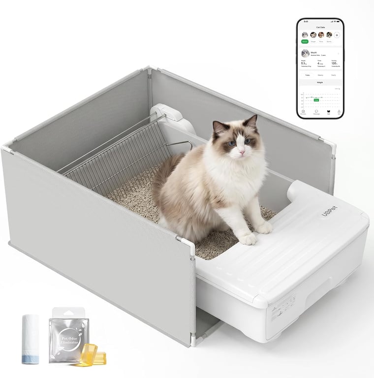 UBPET Open-Top Automatic Cat Litter Box, Self Cleaning Litter Box for Multiple Cats, Weight Sensors Safety Protection, Smart APP Control, Odor-Free, Works with Bentonite Mineral Litter, Off-White