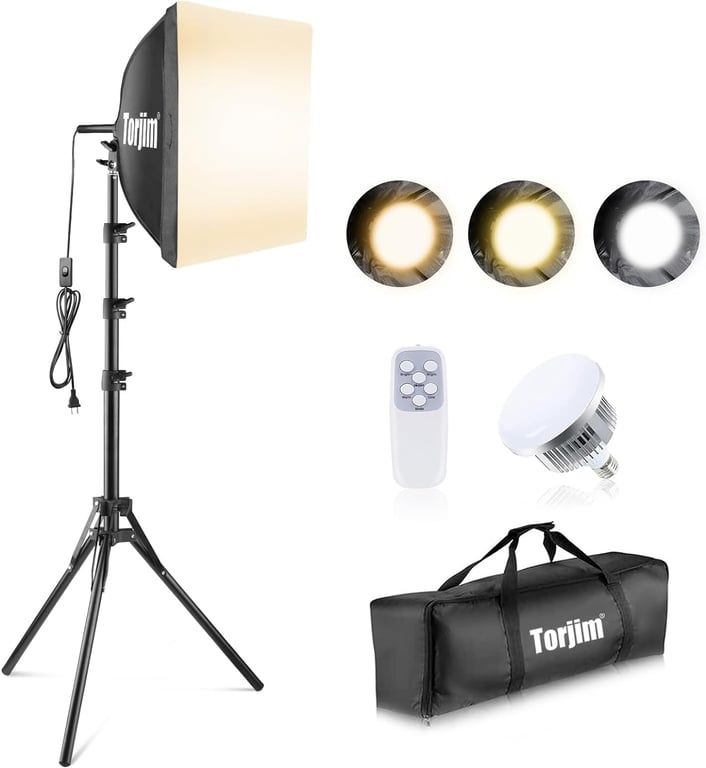 Torjim Softbox Photography Lighting Kit | 16" X 16" & 85W LED Studio Light | Soft Diffusion For Even Light | 3000-7500K Adjustable LED Bulbs for Studio Photo Video Recording Live Streaming Portraits