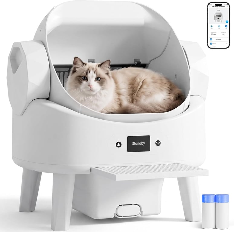 Realbear Automatic Litter Box, Smart Self Cleaning Cat Litter Box with App & Button Control, Open Top Design Safety Auto Litter Box for Multi Cats, 2 Rolls of Garbage Bags