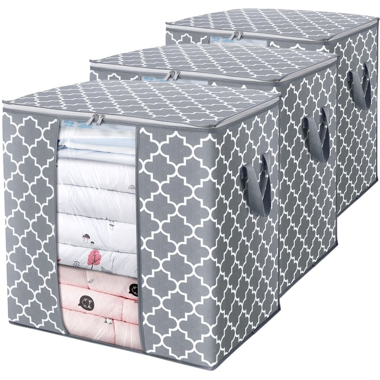 WISELIFE Storage Bags [3 Pack/100L] Large Blanket Clothes Organization and Storage Containers for Comforters,Bedding, Foldable Organizer with Reinforced Handle, Clear Window, Sturdy Zippers,Light Gray