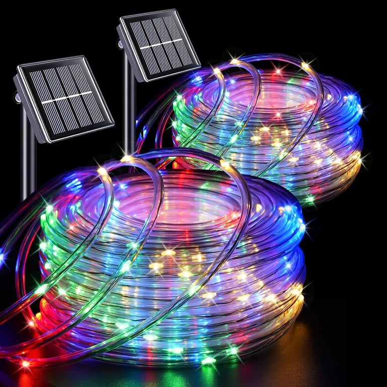 QITONG Solar Rope Lights Outdoor Waterproof, 2 Pack Each 33ft 100 LED Multicolor Trampoline Lights, Fairy Lights in Clear Thin Tube with 8 Modes