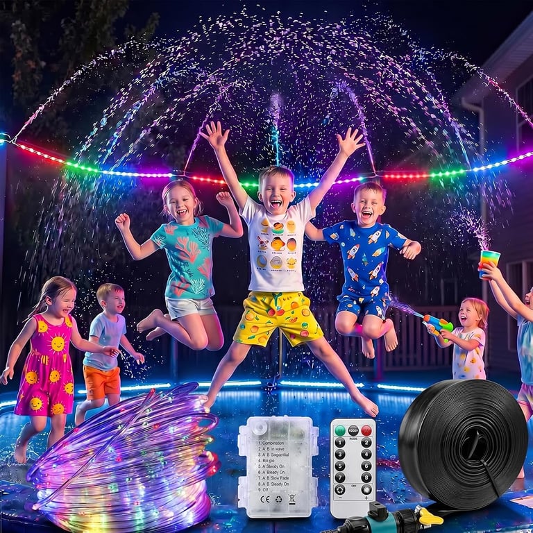 Trampoline Sprinkler with Lights – 16 Colors Trampoline Water Sprinkler & LED Light Combo, Must-Have Trampoline Water Accessories & Outdoor Trampoline Accessories for 8-12FT