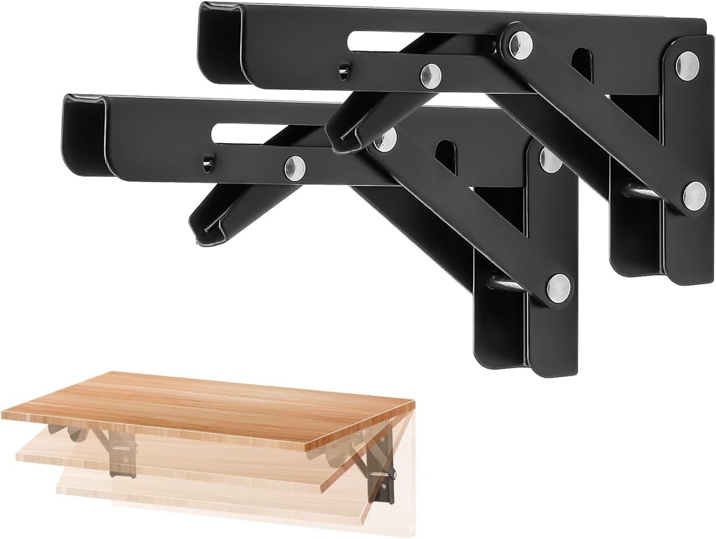 Ravinte Matte Black Folding Shelf Brackets, 6 Inch, 2 Pack | Collapsible Bracket Design, Table And Bench Support, Space-Saving Shelf Setup, For Worktops, Laundry Rooms, Garage Projects