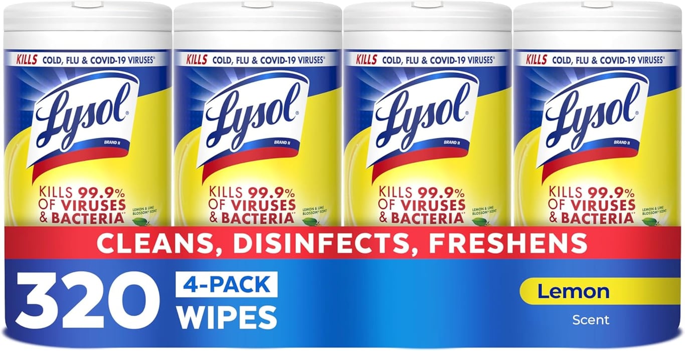 Lysol Disinfecting Wipes, Multi-Surface Cleaner, Lemon, 80 ct. (4 Pack) | All Purpose Cleaner, Sanitizing, Deodorizing, Apartment Essentials, Back To School Cleaning Supplies, Kitchen & Bathroom Wipe