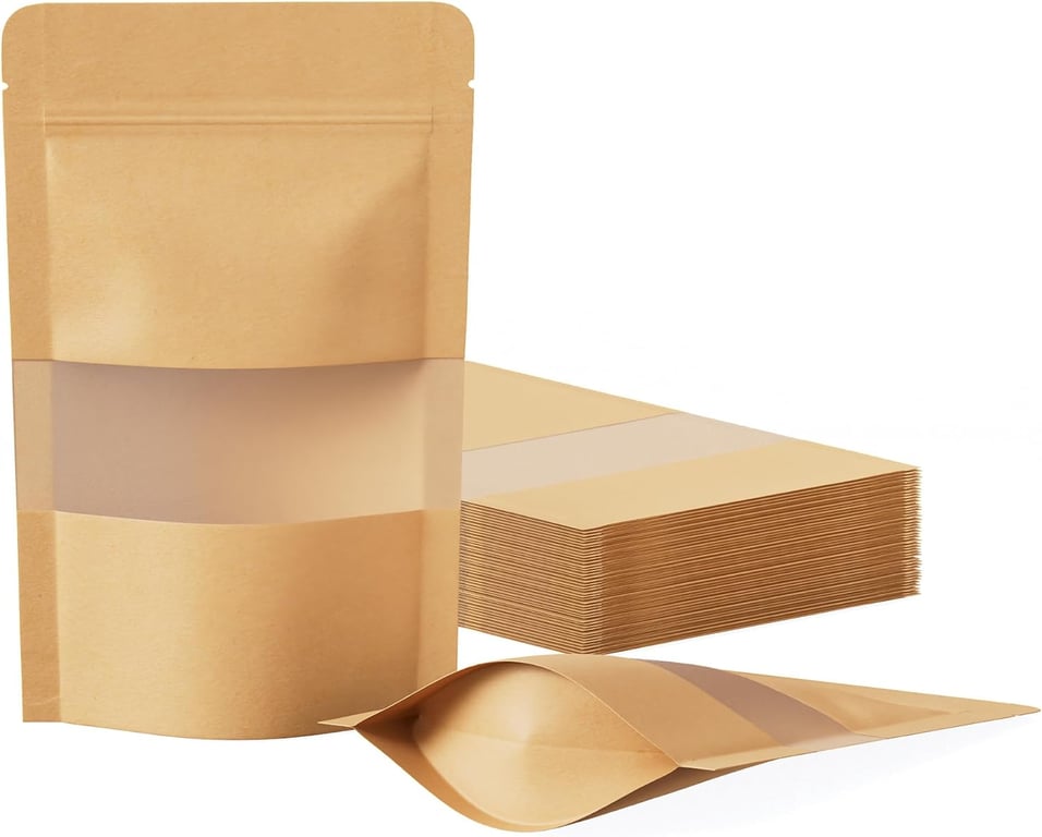 FireKylin 100 Pcs Resealable Bags, Matte Window, Paper, Brown,3.5 x 5.5 in | Stand Up Pouches, Zipper & Heat Sealable, Inner Size 2.9 x 3 in, Small Business, Food Safe,Treat Bags for Coffee Beans, Spice