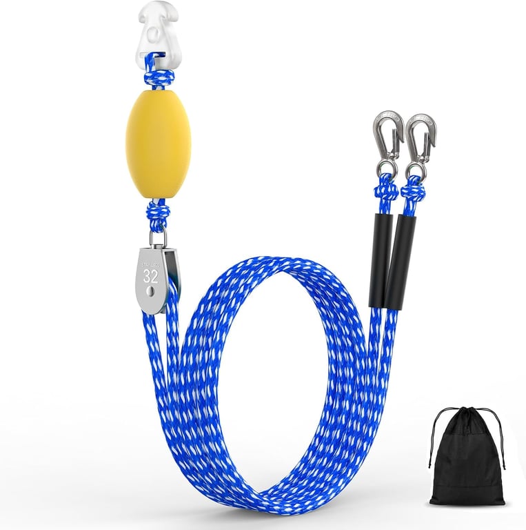 Heavy Duty Boat Tow Harness for Tubing, Self Centering Boat Tow Rope for Tubing 1-4 Riders with 360° Rotating Pulley and Large Hooks, Floating Tube Rope for Boats, Towable Tubes