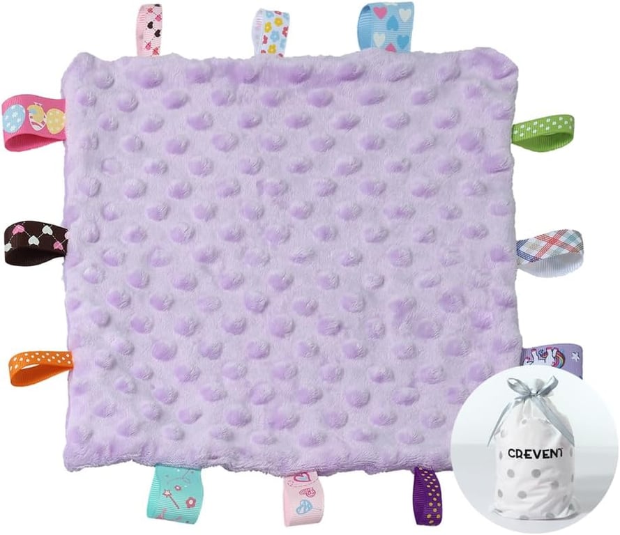 CREVENT Tag Security Blankets for Babies, Soft Small Loveys for Girls, Baby Comforter Sensory Blanket, Great Gifts for Birthday Baby Shower (10"X10" Purple Tag)