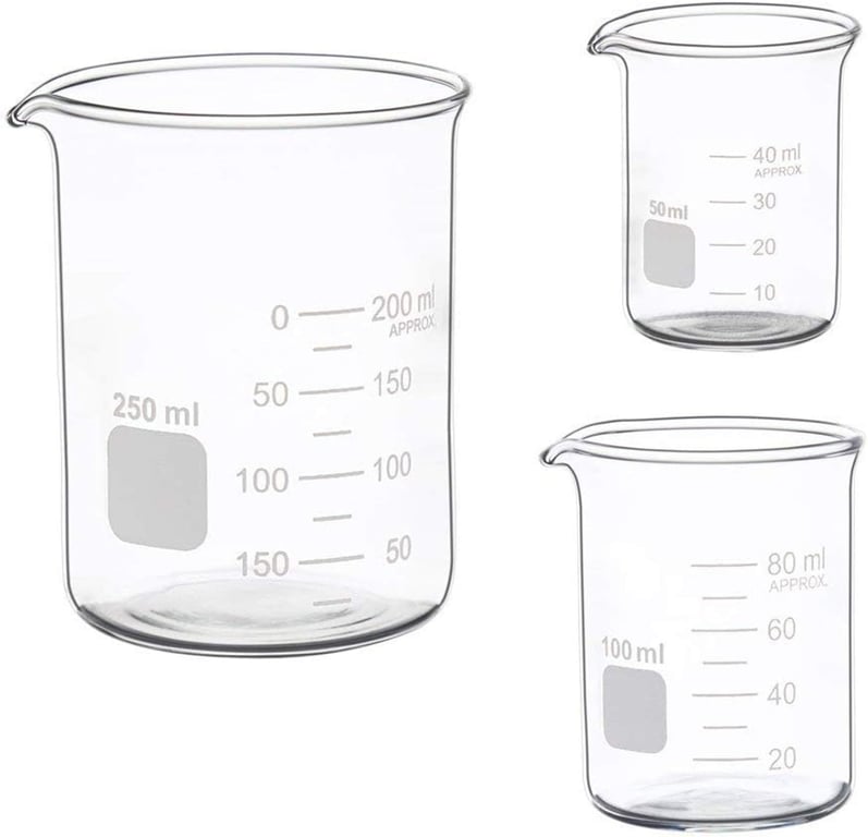 3 Pack Borosilicate Glass Beaker Set, 50 mL, 100 mL and 250 mL