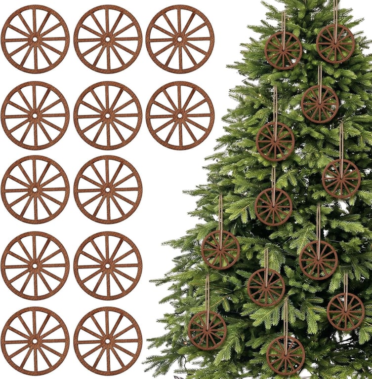 RattanView 24 Pcs Western Wooden Wagon Wheel Ornaments for Christmas Tree