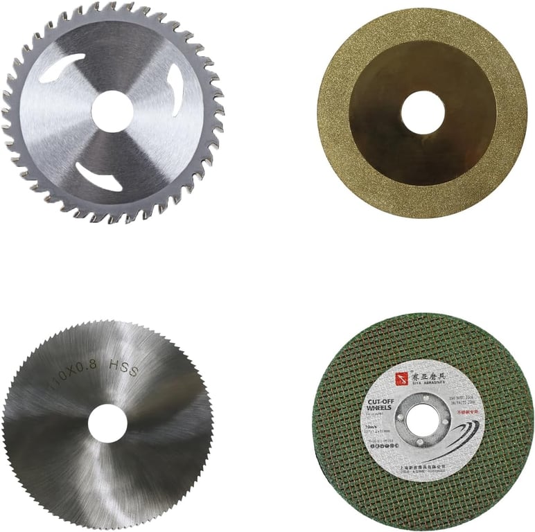 2 in 1 Mini Table Saw-Saw blades. Four different saw blades, with a blade diameter of 110 mm, a bore diameter of 20 mm, and a maximum cutting depth of 3-30 mm, designed specifically for small saws.