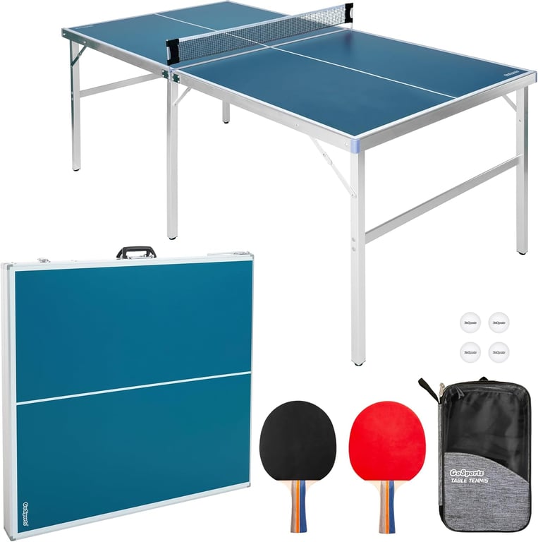GoSports Mid-Size Table Tennis Game Set - Red or Blue - Indoor/Outdoor Portable Table Tennis Game with Net, 2 Table Tennis Paddles and 4 Balls