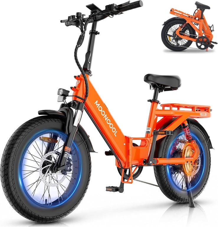 MOONCOOL Foldable Electric Bike for Adults, 48V 750W Aluminum Folding Ebike | 60 Miles PAS Range, 13.6Ah Removable Battery, 20" x 3.0" Fat Tires, Full Suspension, Hydraulic Disc Brakes, 7-Speed, 20MPH