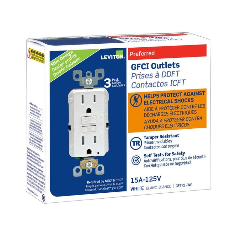 Leviton Slim GFCI Outlet, Tamper-Resistant, 15 Amp, 3-Pack, GFTR1-3W, White
