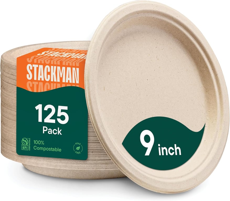 100% Compostable Paper Plates, Heavy Duty Disposable Plates [125-Pack] 9 Inch Plates - Eco-Friendly, Biodegradable Sugarcane Bagasse, Natural Unbleached Brown 9" Dinner Paper Plate Disposable | Eco-Friendly Biodegradable Sugarcane Bagasse Dinner Plates, PFAS-Free & BPI Certified Unbleached Party Supplies, Stack Man