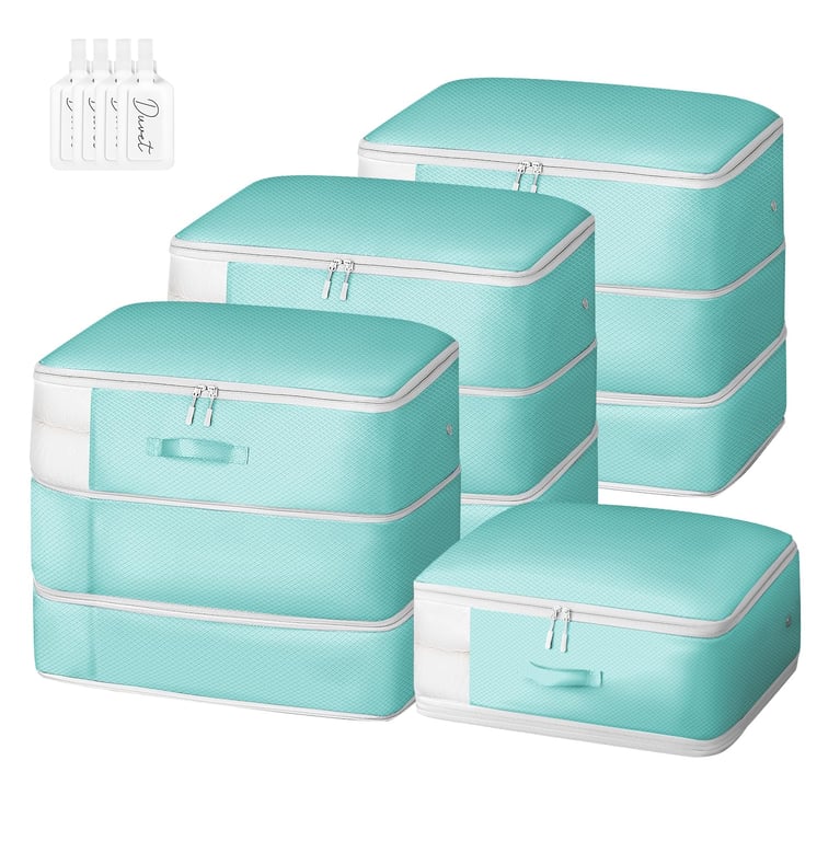 Comforter Storage Bag - Large Capacity Blanket Storage Bags 3-Layer Ultra Space Saving Self Compression Organizer, Washable Compression Bags for Storage Comforter Blanket, 4-Pack, Blue