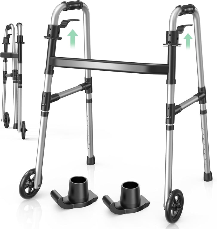 Loyoda Folding Walker with 2 Skis and 5" Wheels, Lightweight Design, Black