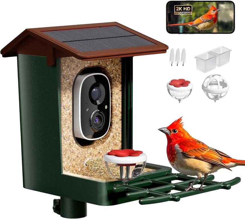 Smart Bird Feeder with Camera Solar Powered 2K HD Video, 10,000+ Species AI Recognition, Real-Time App Alerts, and Weatherproof Design for Effortless Birdwatching, Gift for Bird Lovers, Brown