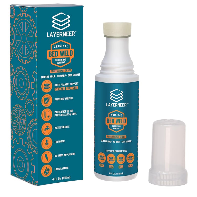 3D Printer Adhesive Glue Bed Weld Original, Strong Grip Reduces Warping | For ABS, ASA, PLA, & PETG Filament Prints on Compatible Build Plates, Built-In Applicator Tip, Large 118ml, 4 fl oz Bottle