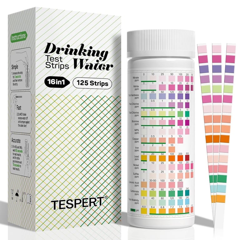 TESPERT Drinking Water Test Strips 125ct, Lead Home Tap Well Water Test Kit | 30s Quick Screening 16 in 1 Water Tester for Hardness, Lead, pH, Iron, Copper, Chlorine, Nitrite, Carbonate, Alkalinity