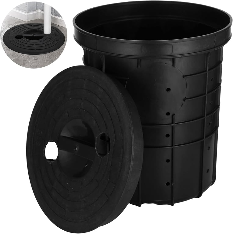 Perforated Sump Pump Basin with Lid, Black Pit Liner 13 x 11 x 15 in, Drainage Bucket with 40 Pre-Drilled Holes, 1.8 in Lid Openings for Basement Crawl Space Courtyard Driveway