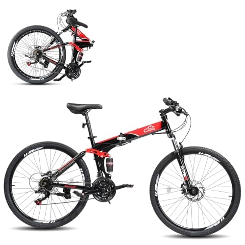 CamPingSurvivals 26/27.5 Inch Foldable Bike Folding Bike with 21 Speed, One Touch Folding, Dual Disc Type Brakes, Adjustable Seat, Full Suspension, Folding Bicycle for Men/Women/Senior