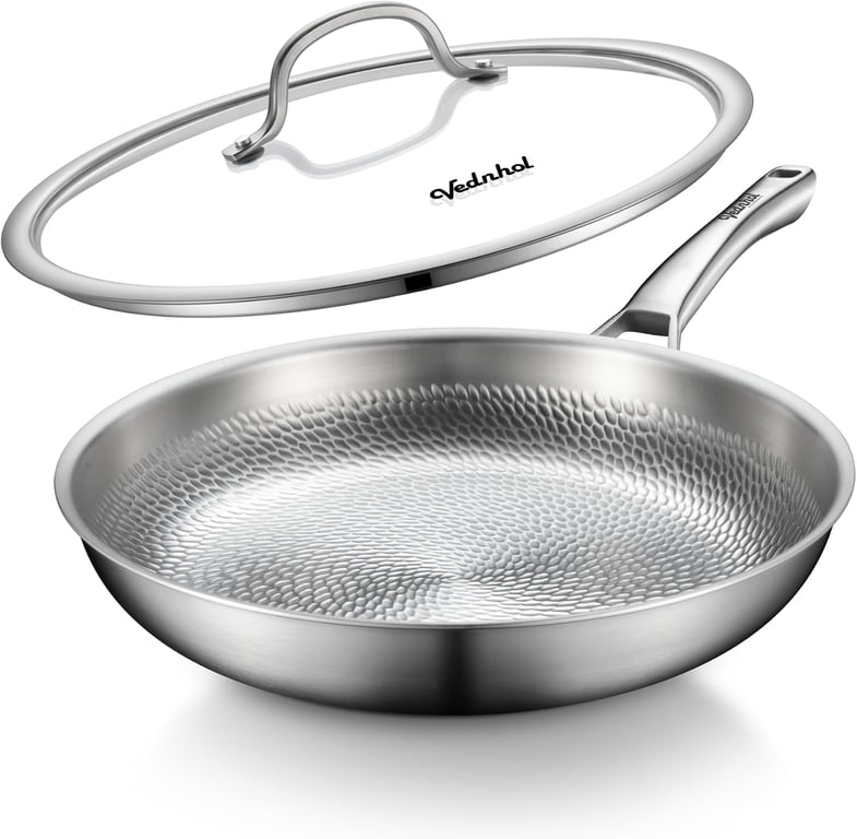 Titanium Pans for Cooking, 12 Inch Non-Toxic Paella Pan with Lid | Titanium Hammered Pro skillet,PFAS/PFOA/PTFE Free Cookware, Dishwasher&Oven Safe, Kitchen Induction Compatible