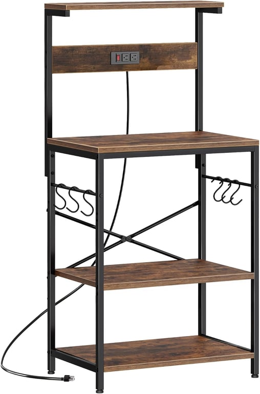 SUPERJARE Kitchen Bakers Rack with Power Outlet, Coffee Bar Table 4 Tiers, Kitchen Microwave Stand with 6 S-shaped Hooks, Storage Shelf Rack for Spices, Pots and Pans - Rustic Brown