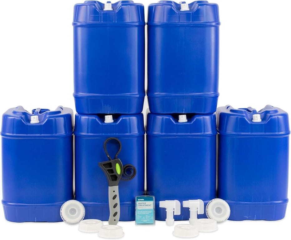 Legacy Food Storage Emergency Water Storage Containers, Long Term 5 Gallon Water Tank - 6 Stackable Food Grade Tanks Included, for Camping, Prepping, Survival - 30 Gallon Total Capacity