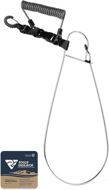 Rogue Endeavor® Fish Stringer Clip, Large, Stainless Construction, Quick Release 36” Steel Core Lanyard, Designed for Spearfishing, Kayak Fishing & Scuba Diving and All Fish Types
