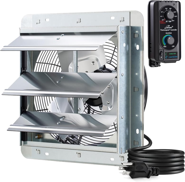 iLIVING 12" Wall Mounted Shutter Exhaust Fan, Automatic Shutter, with Thermostat and Variable Speed controller, 0.6A, 960 CFM, 1400 SQF Coverage Area Silver (ILG8SF12V-ST)