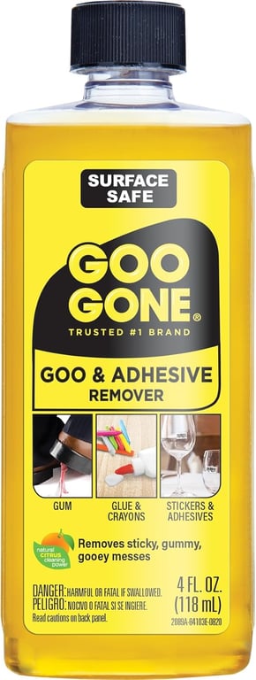 Goo Gone Original Adhesive Remover - 4 Ounce - Surface Safe Adhesive Remover Safely Removes Stickers Labels Decals Residue Tape Chewing Gum Grease Tar