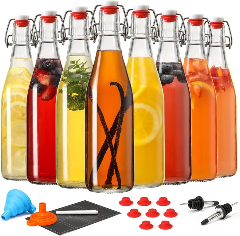 8 Set 16 OZ Swing Top Glass Bottles - Flip Top Beer Brewing Bottles with Stopper for Fermentation, Kombucha, Mead Kefir, Vanilla Extract, Juice, Tea, Wine, Soda - Airtight Cap Lids, Bonus 2 Pourers