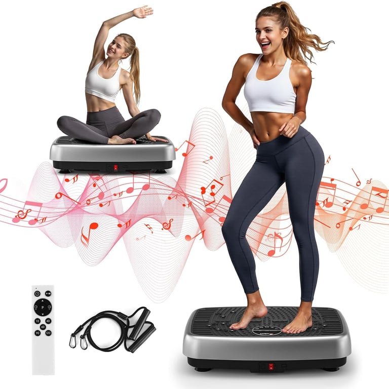 Vibration Plate Exercise Machine, Powerful Dual Motor Vibration Plate for Lymphatic Drainage & Speaker with Music, Magnetic Massage, Weight Loss & Full Body Workout, Resistance Bands,450 Lbs Capacity
