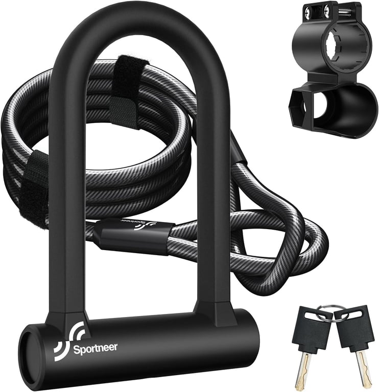 Sportneer Bike Lock: Heavy Duty Anti Theft Bike U Lock with 5ft Security Steel Cable - 17mm Shackle Bicycle U-Locks with 2 Keys & Mounting Bracket for Road Mountain Bike, Size 7.76''x5.02'', 1.64lb