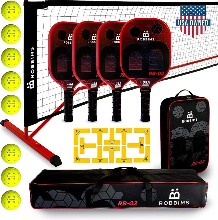 Pickleball Set with Net | 4 USA Pickleball Approved Carbon Fiber Paddles, Portable Regulation Size Net System, 8 Outdoor Balls, Court Marker Kit, Duffle Bag & Carry Bag - ROBBIMS