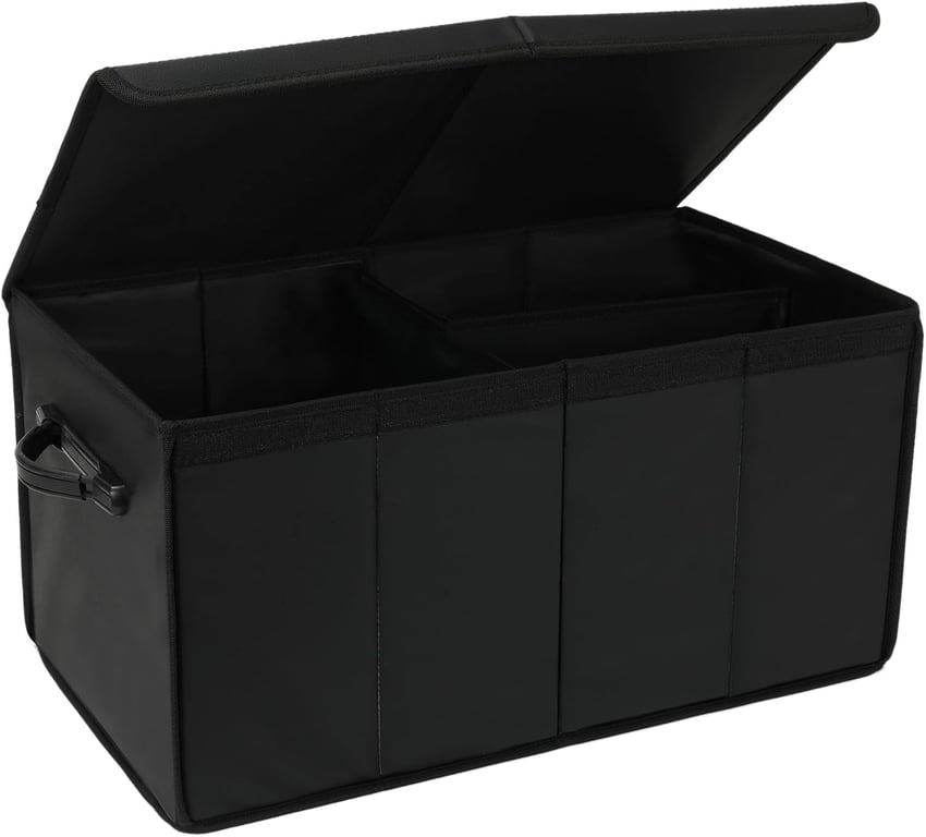 AOKJOY Car Trunk Organizer with Lid, Large, Black, Leather, Foldable, for SUV, Truck, Sedan, 24x12x14 Inches, 3 Compartments