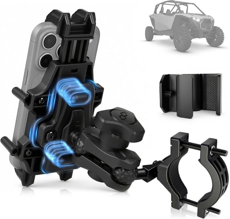 Universal UTV Phone Mount Holder with Vibration Dampener 360° Adjustable | Anti Shake Heavy Duty SXS Phone Mount Fit 1.75"-2" Roll Cage & Pro-Fit Cage, Fit 4.7"-7.1'' Phone for Ranger RZR Can-am