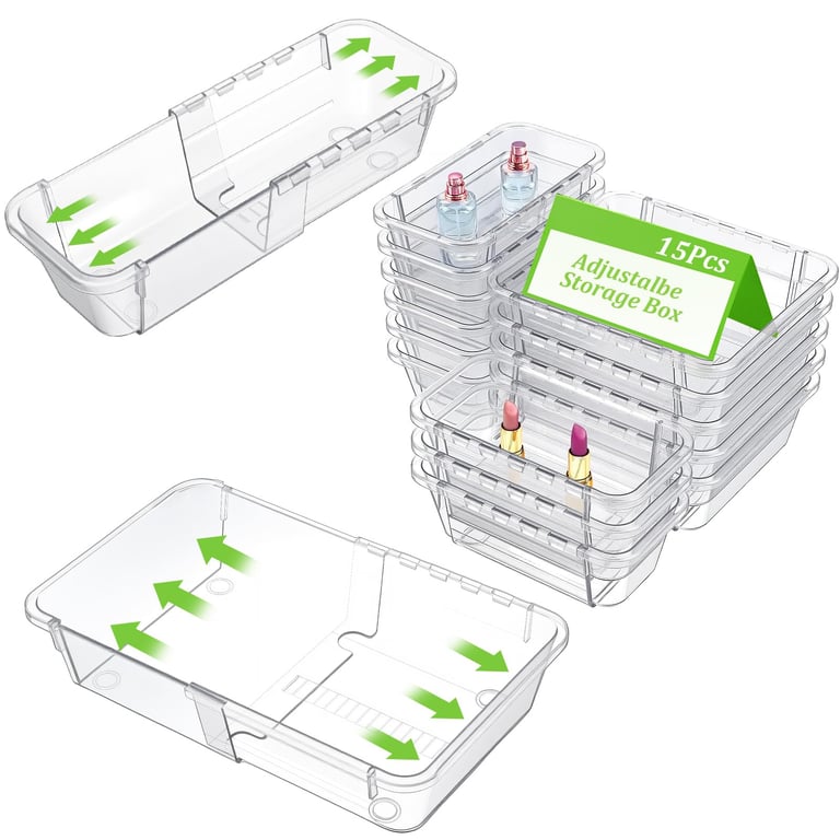 Extendable 15-Piece Clear Drawer Organizer Set