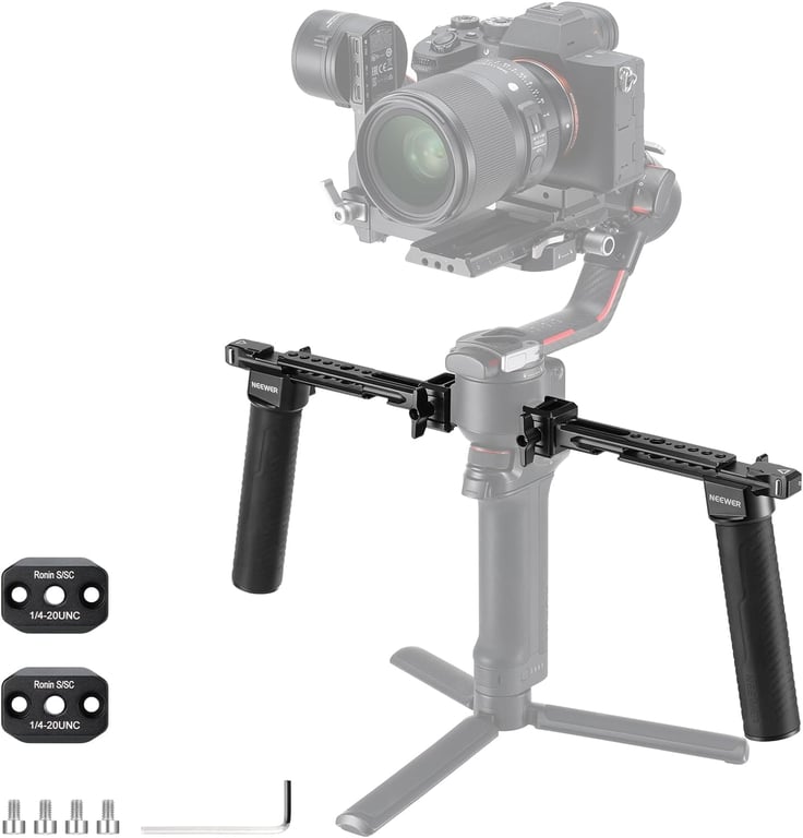 NEEWER Dual Handgrip Compatible with DJI RS5 RS4 RS4 Pro RS3 RS3 Pro RS2 RSC2 Ronin S SC Gimbal, Dual Handle Kit with 2 Mini NATO Rails, Quick Release NATO Clamps, 1/4" & 3/8" Threads, GA006
