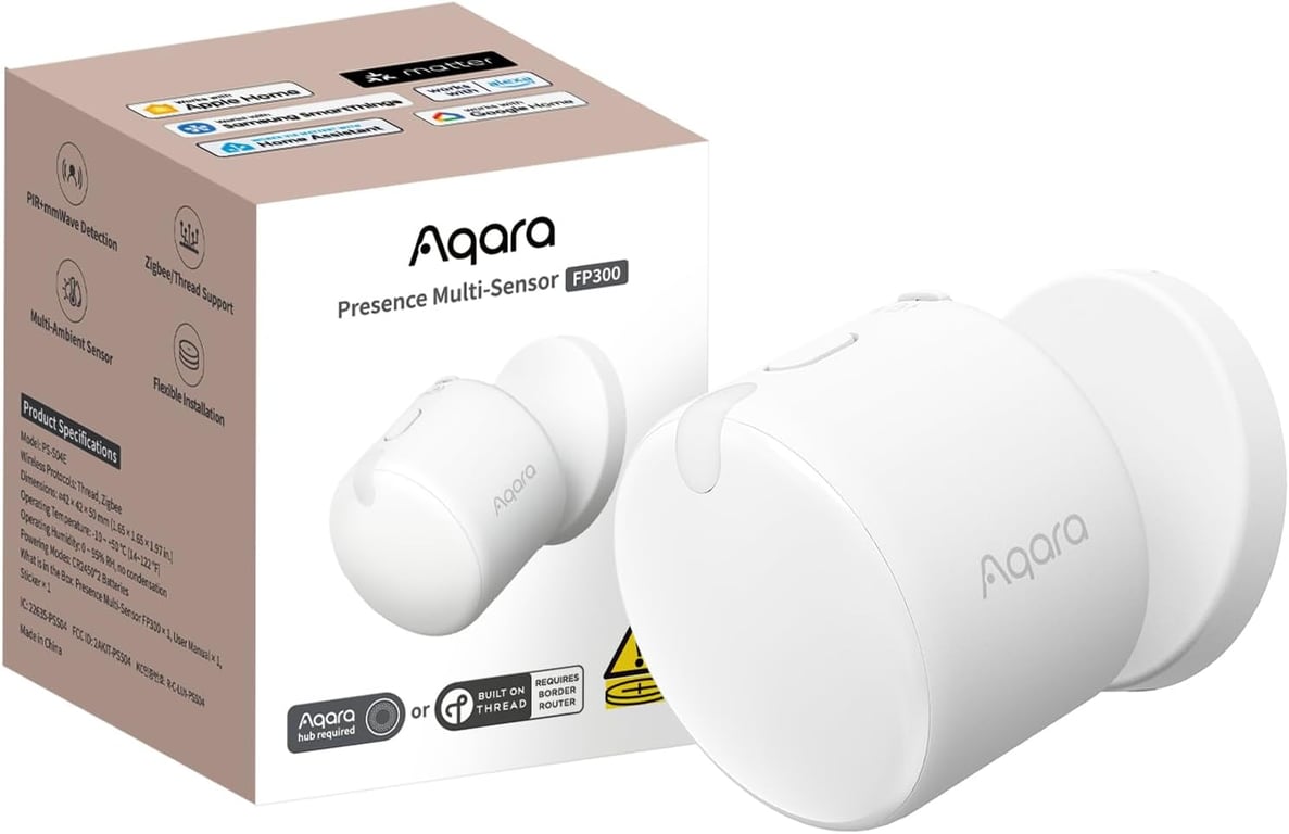 Aqara Presence Sensor FP300 Wireless 5-in-1 Motion Sensor with mmWave | PIR, Light, Temperature & Humidity Detection, Thread & Zigbee, Supports HomeKit, Home Assistant, Alexa, Google Home