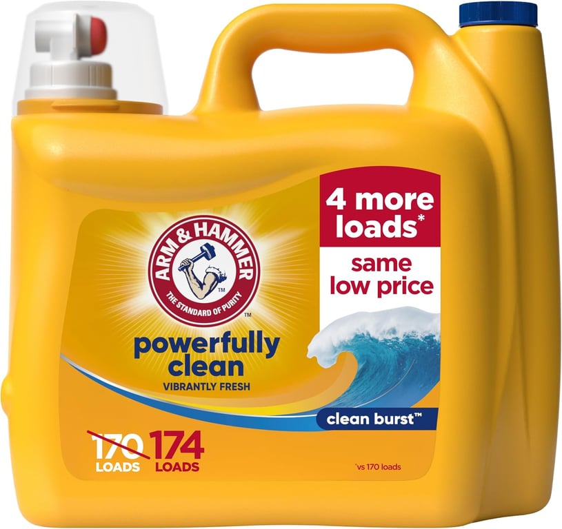 ARM & HAMMER Liquid Laundry Detergent, Clean Burst Scent, 174 Fl Oz | Concentrated Formula, Powerful Clean, Clean Burst Scent, With 4 More Loads, 174 Fl Oz, 174 Loads