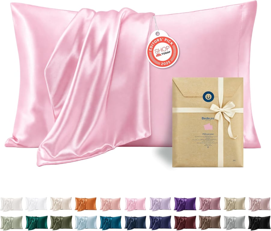 Bedsure Satin Pillowcases Queen Set of 2, Similar to Silk Pillow Cases Pink | Reduces Hair Frizz & Skin Friction, Decorative Covers, Room Decor, Gifts for Women Men, Envelope Closure, Cooling, 20" x 30"
