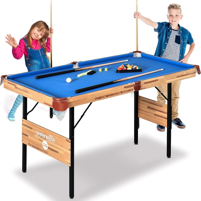 SereneLife 4.5ft Folding Pool Table, 54in Portable Foldable Billiards Game Table for Kids and Adults with Accessories, Indoor and Outdoor Game with Sticks, Cue, Balls and Triangle