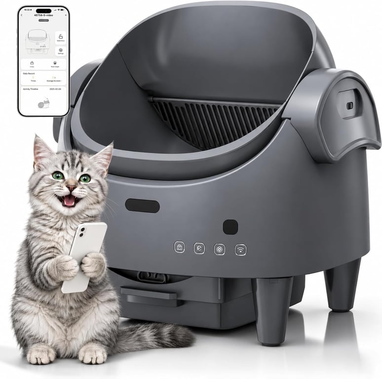 Automatic Self-Cleaning Cat Litter Box with App, Open Top, Gray | Smart with App Control,Safety Sensor System,Large Waste Bin,Odor Control,Adjustable Height