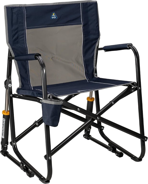 GCI OUTDOOR Freestyle Rocker Camping Chair | Portable Folding Rocking Chair with Solid, Durable Armrests, Drink Holder & Comfortable Backrest — Indigo Blue