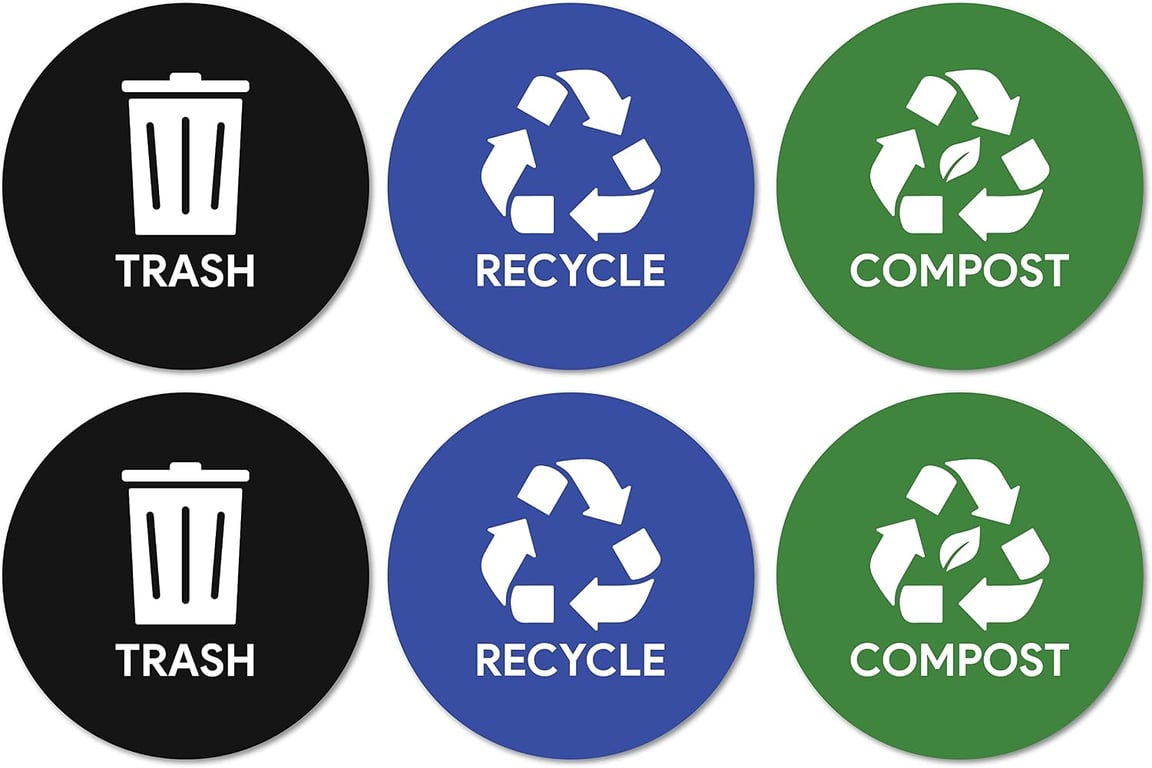 Sutter Signs 6pk Trash Compost Recycle Stickers for Trash Bins, 4" Round | Weatherproof Waste Management Label Sign Decals for Garbage Cans, Yard Waste, and Recycling Bins