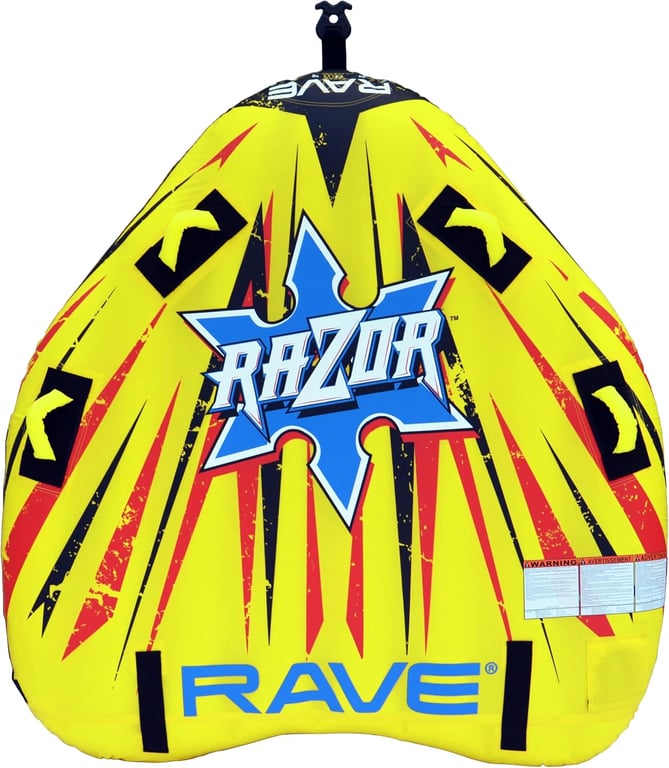 RAVE Sports Razor Inflatable Towable Tube, 1-2 Riders, Unique Skim-Fast Bottom Coating, Nylon Cover, Four Foam-Filled Reinforced Handles, Quick Connect Tow Point, Boat Tubes and Towables